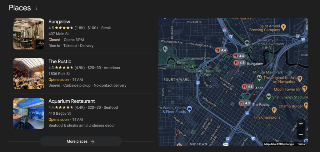 Top three results for places in the Google search results with a map.