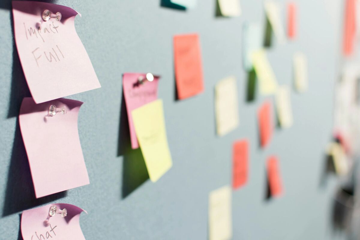 Sticky notes on a bulletin board