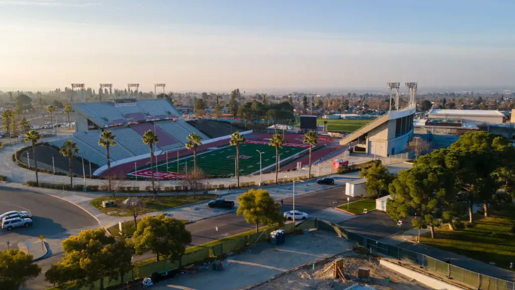 Aerial photograph of Bakersfield College football stadium.