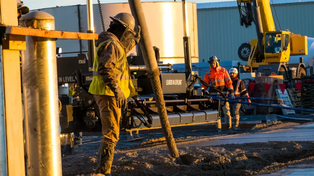 A worker is maneuvering a concrete pump hose with a laser screed in the background at an industrial site.