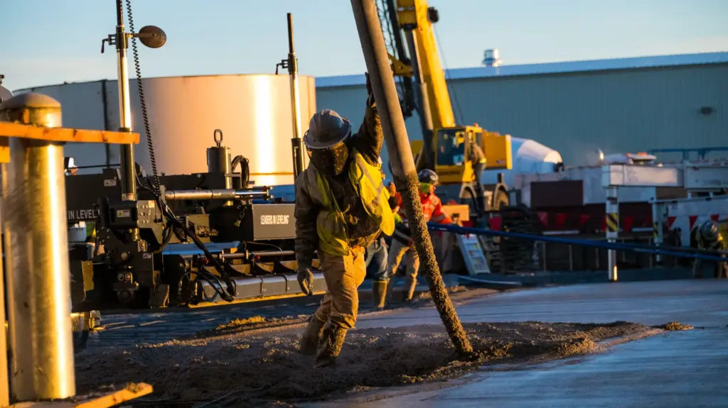 A worker is maneuvering a concrete pump hose at an industrial site.