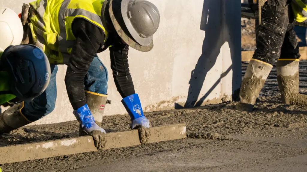 A construction worker is leveling concrete with a wood plank and another person stands nearby.