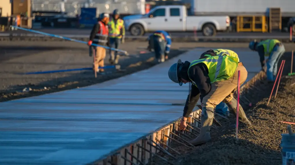 Workers are laying concrete with a truck nearby.